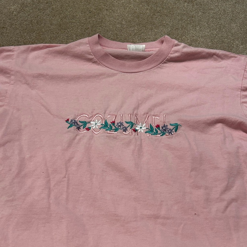 Pink Vintage Cozumel T-Shirt with Floral Embroidery